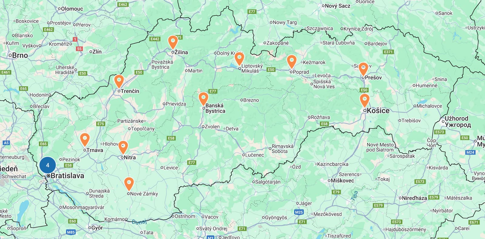 Náhľad mapy zobrazujúcej umiestnenie pobočiek