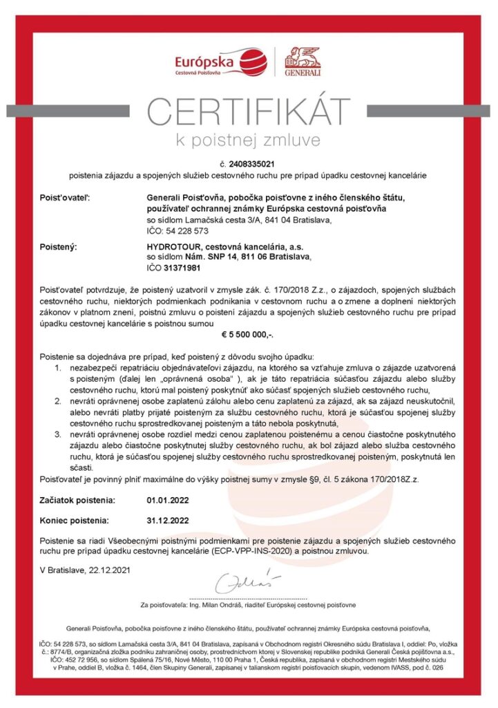 Certifikát - poistenie insolventnosti 2022